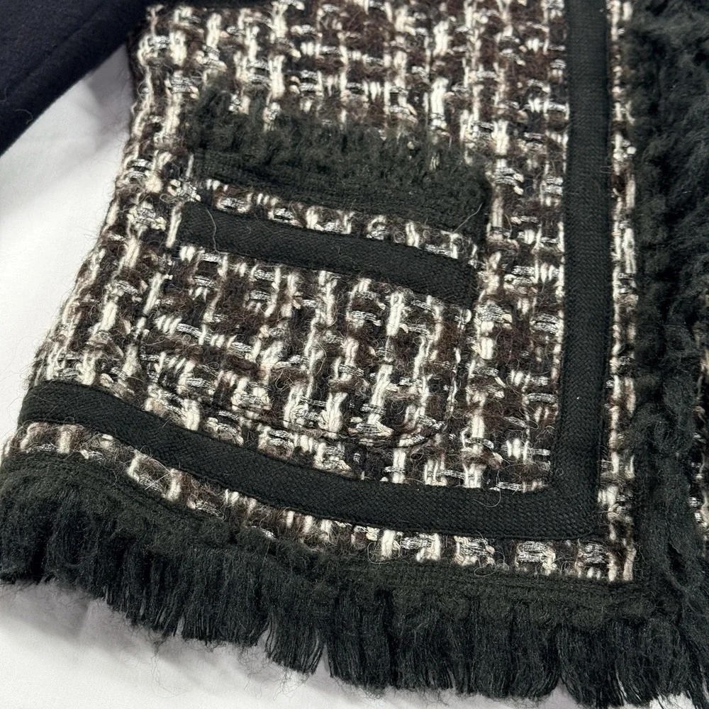 Tory Burch Tweed Fringe Jacket Size 8 Cropped Black Lined Boucle Wool‎ Blend